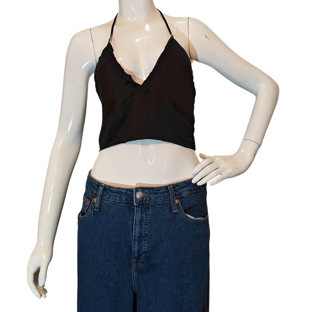 Garage Black Satin Halter Crop Top Smocked Back Size M